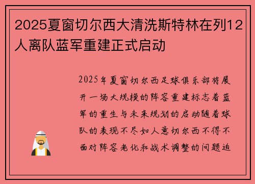 2025夏窗切尔西大清洗斯特林在列12人离队蓝军重建正式启动